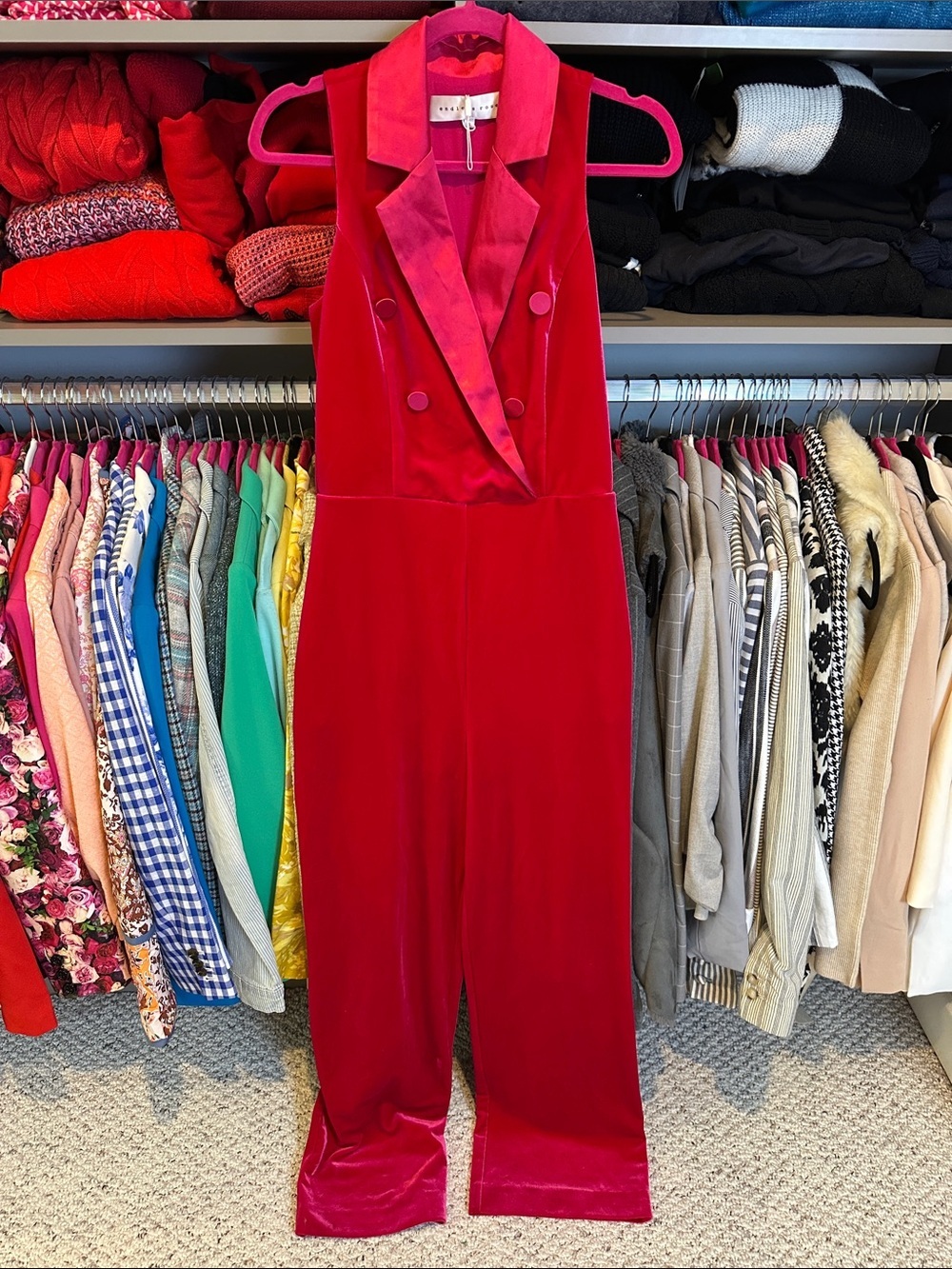 Endless Rose red sleeveless velvet side zipper tuxedo style jumpsuit size S NWOT